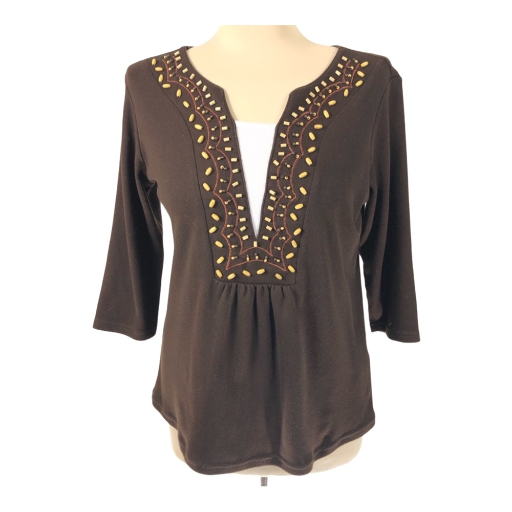 Christopher & Banks Top pullover Embroidered wooden bead work Washable Sleeves S